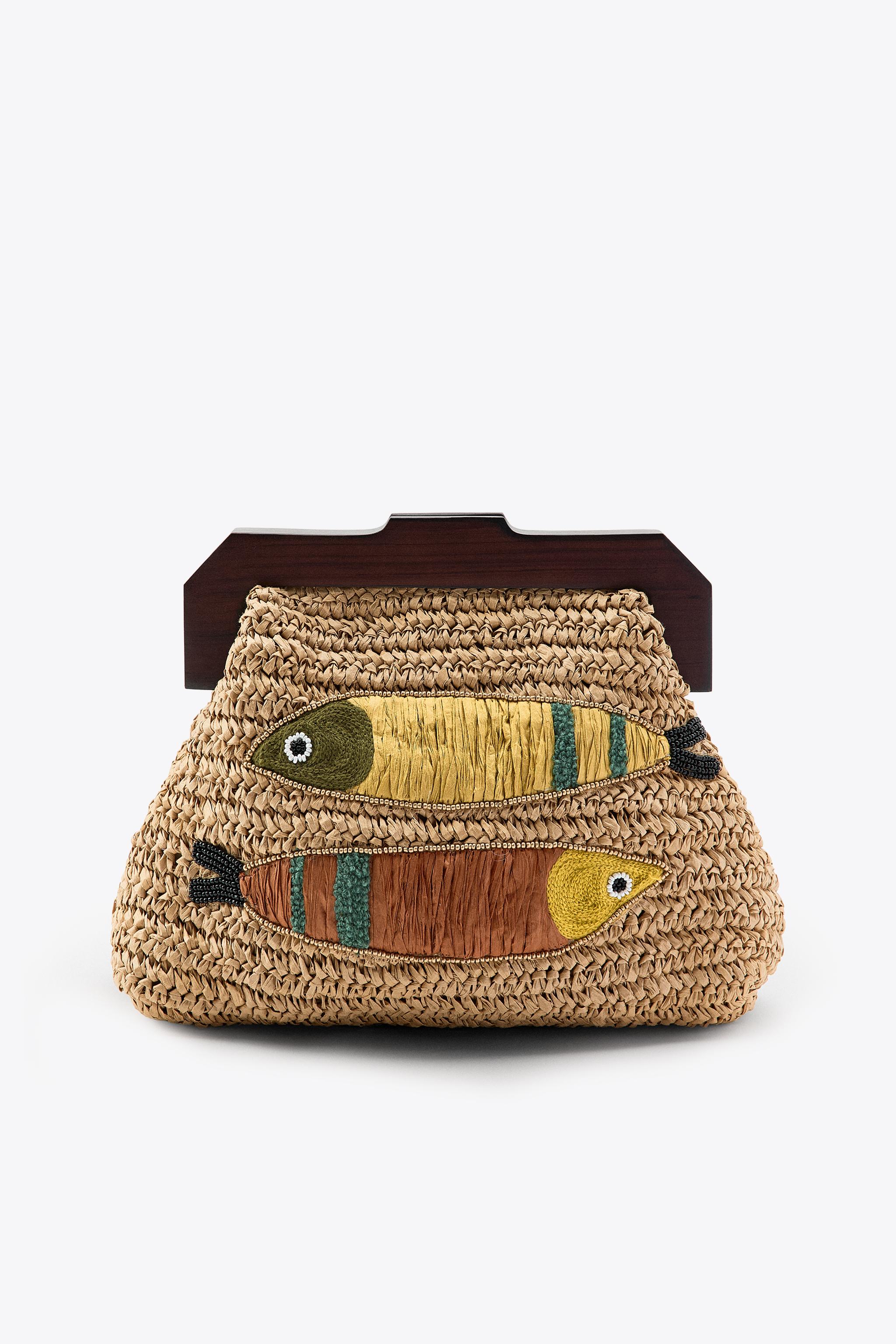 RAFFIA BAG WITH EMBROIDERED FISH